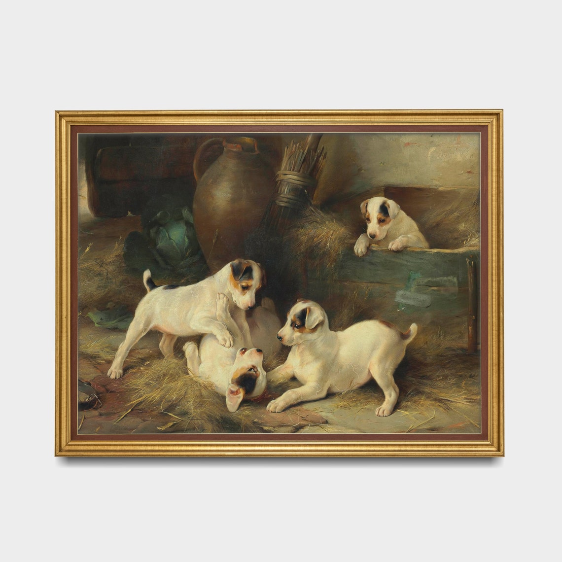 Four Puppies Playing In Hay Vintage Dog Painting Antique Pet Poster - Image 3