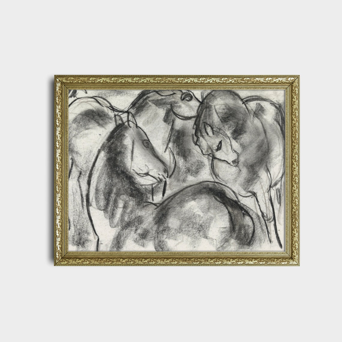 Three Horses Charcoal Sketch Study Antique Equestrian Drawing Poster - Image 2