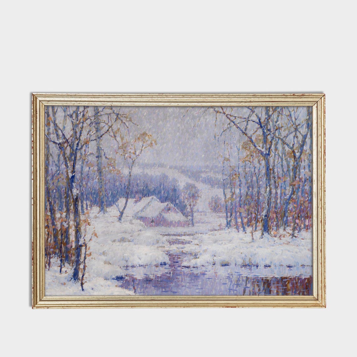 Snowy Cabin Stream Impressionist Winter Landscape Art Poster - Image 3