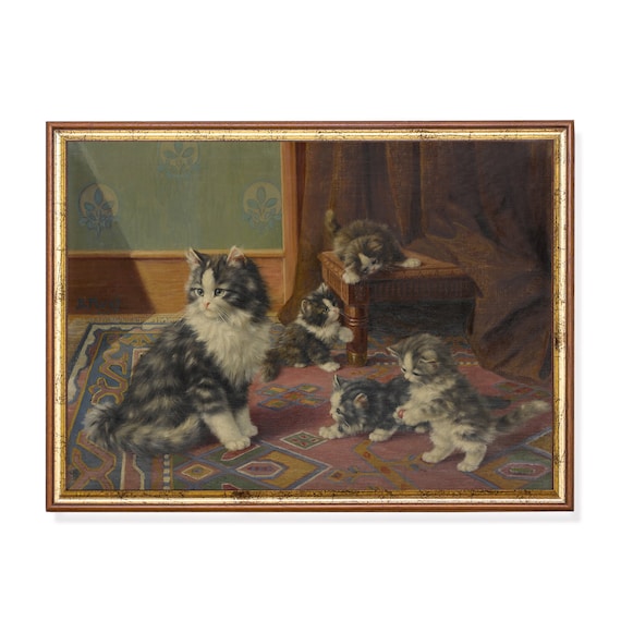 Cute Fluffy Cat and Kittens Playing on Rug Vintage Animal Poster