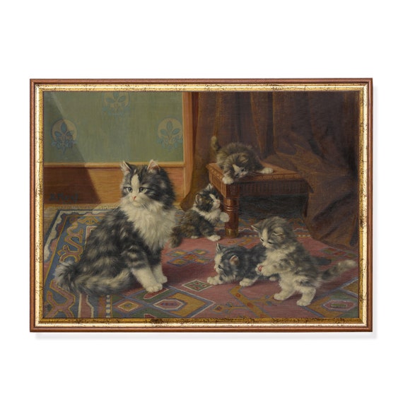 Printed And Shipped Vintage Cats Painting Antique Animal Print Cat And Kitten Moody Rustic Print Farmhouse Decor Physical Prints