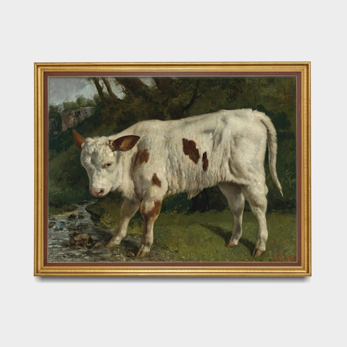 White Calf with Brown Spots Drinking at a Stream Farm Poster - Image 3