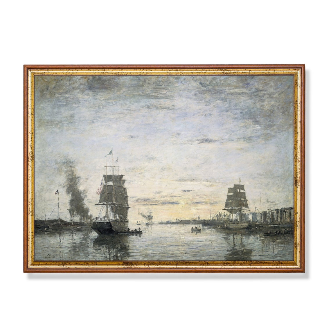 Vintage Seascape Painting Antique Sailing Ship Print Ocean Beach Rustic Art Nautical Decor Wall Art
