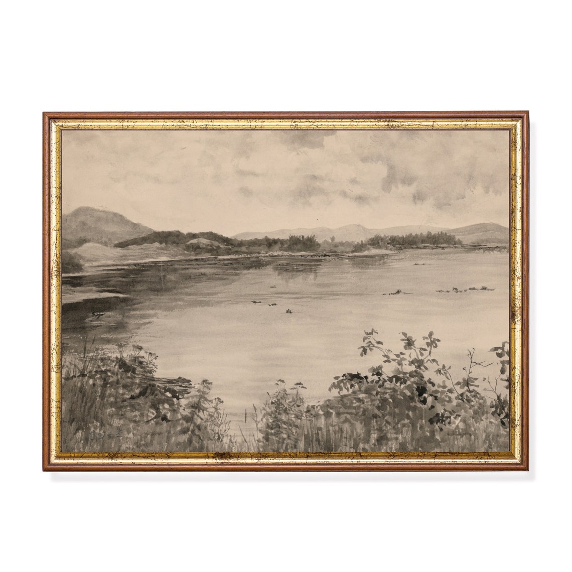 Neutral Gray Lake Landscape with Hills and Reeds Sepia Poster