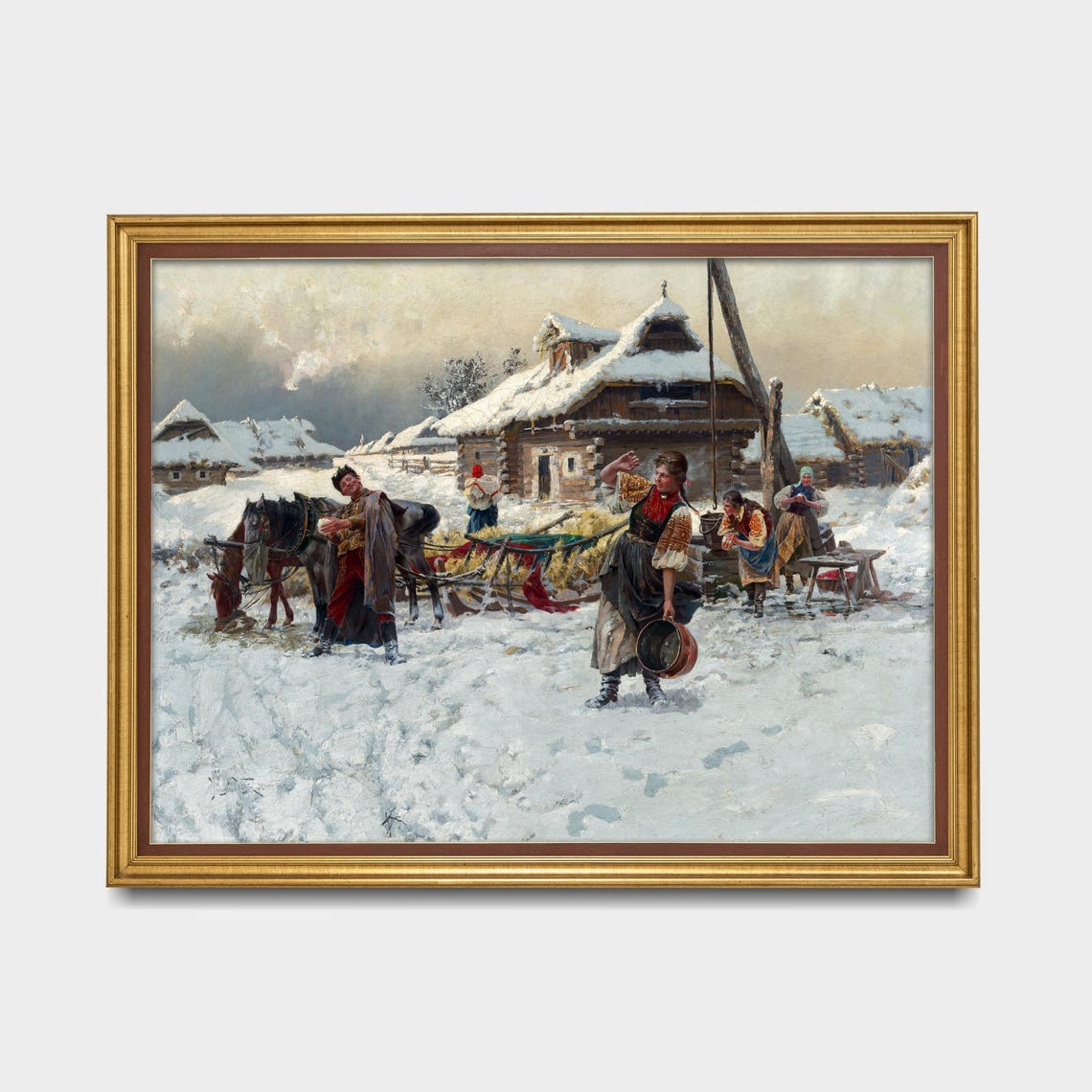 Snowball Fight in a Snowy Russian Village Vintage Art Poster - Image 5