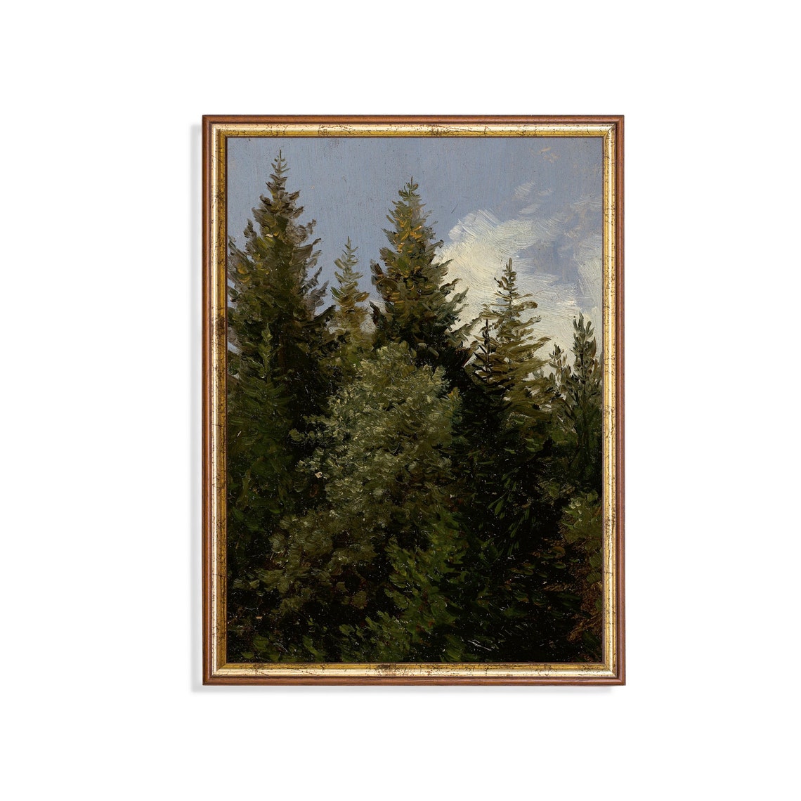 Vintage Pine Tree Painting Antique Forest Print Moody Rustic Nature Artwork Wall Art Country Landscape