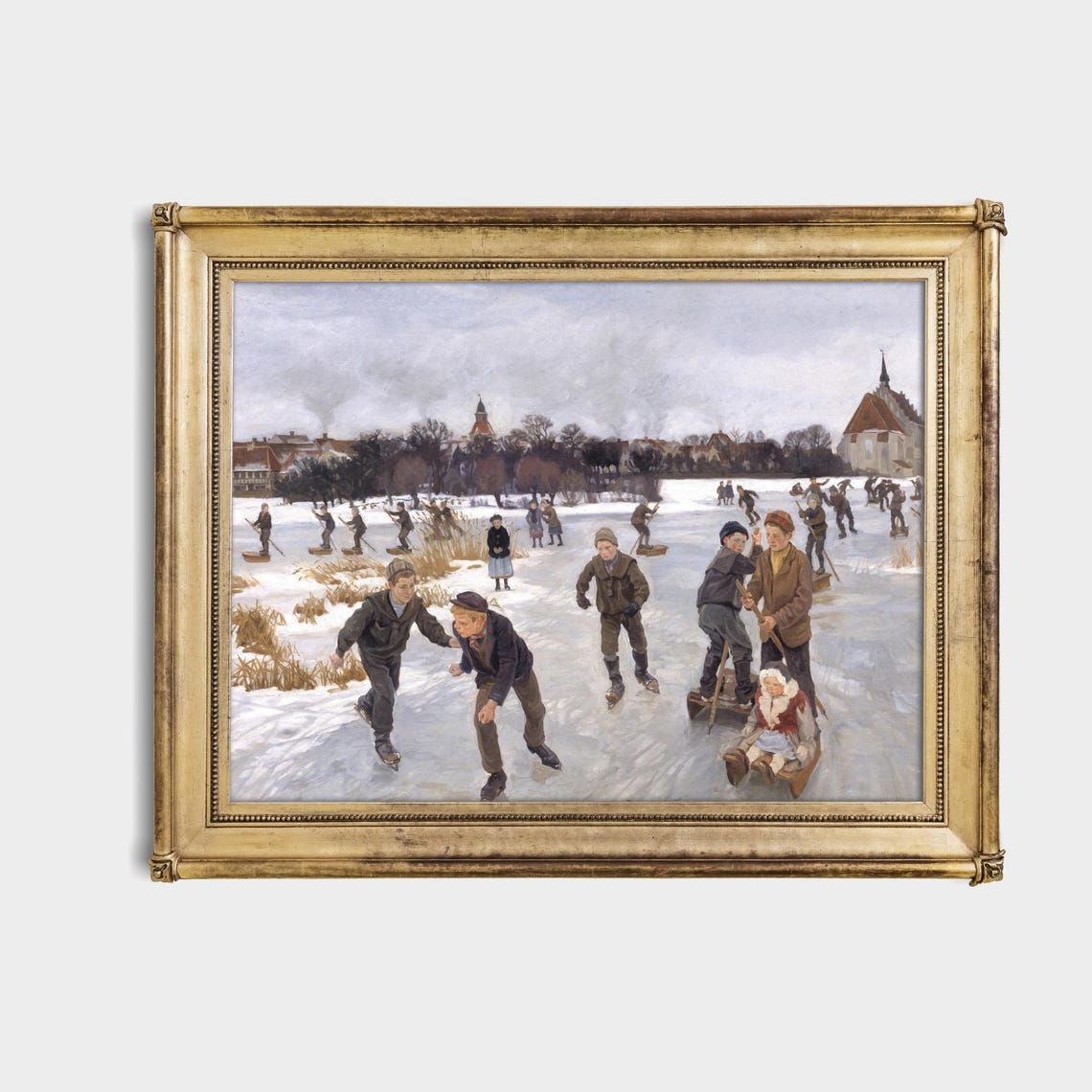 Children Ice Skating on Frozen Lake Vintage Winter Art Poster - Image 4