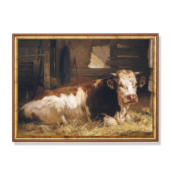 Vintage Cow Painting Antique Animal Print Farmhouse Decor Moody Rustic Art Wall Art Fine Art Print