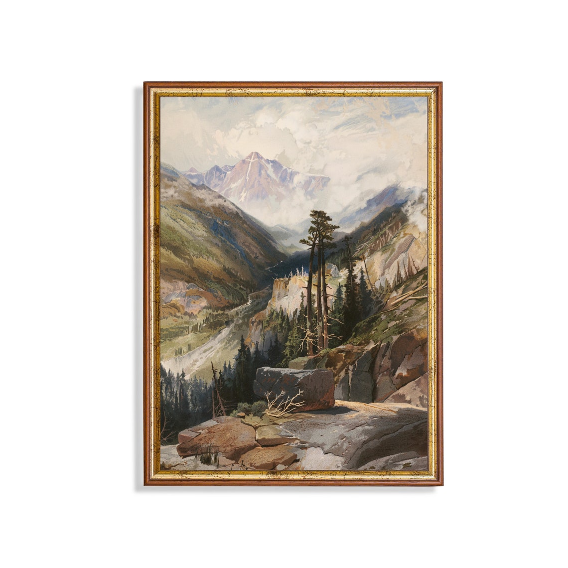 Snowcapped Mountain Valley Vista With Towering Pines Antique Poster