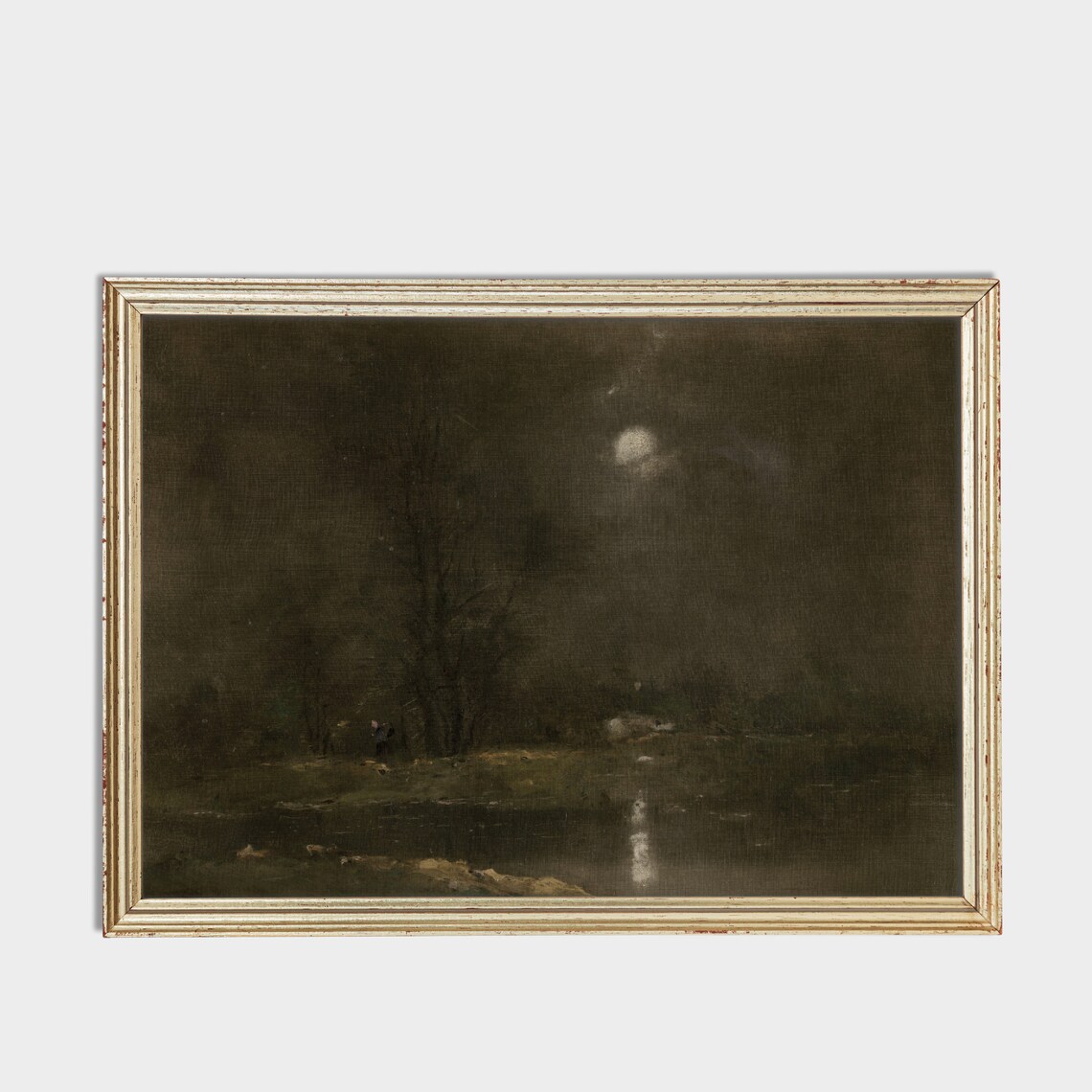 Moonlit River at Night with Figure Antique Moody Nocturne Painting Poster - Image 3