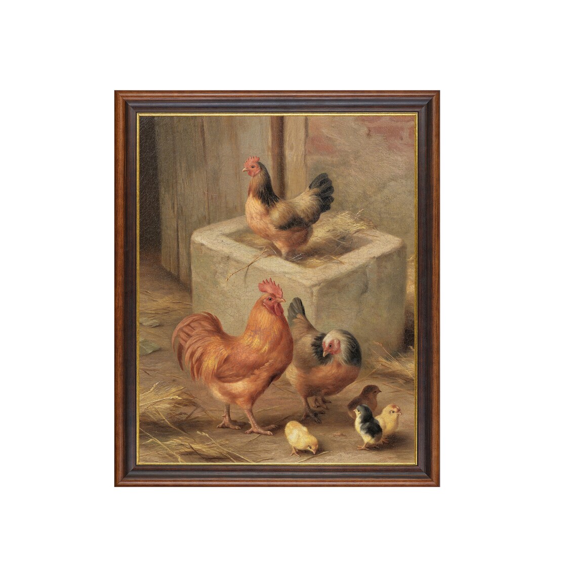 Vintage Chickens in a Barn, Farmhouse Art Print
