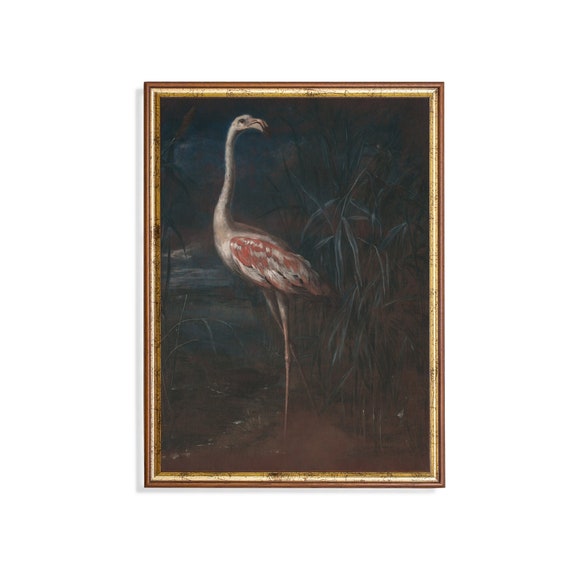 Vintage Flamingo Painting Antique Bird Print Moody Rustic Fine Art Wall Art Farmhouse Country Decor