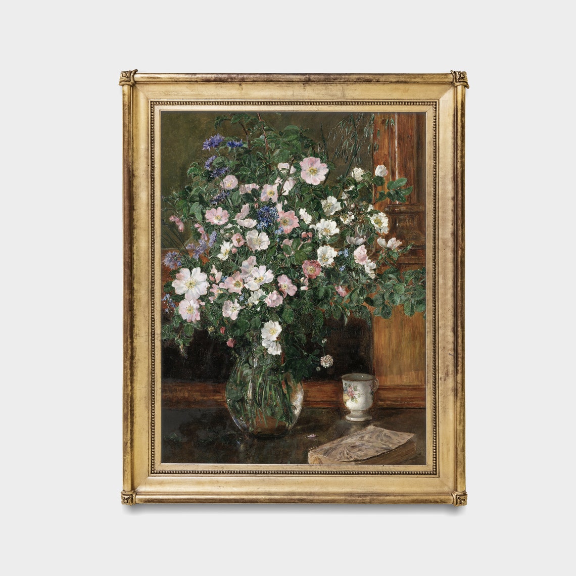 Wildflower Bouquet in Glass Vase with Antique Book Vintage Poster - Image 2