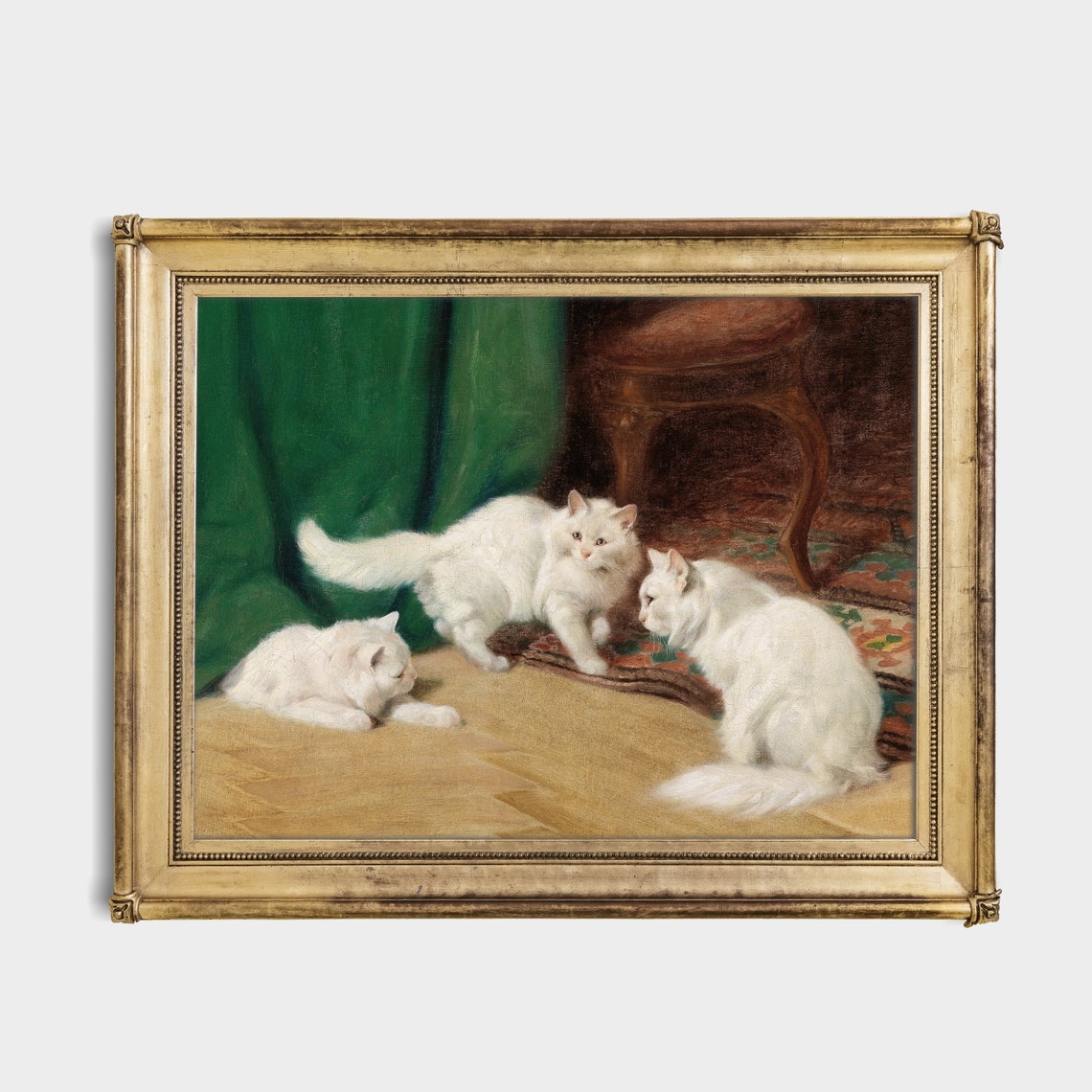 Three White Longhair Cats Playing Indoors Vintage Oil Poster - Image 4