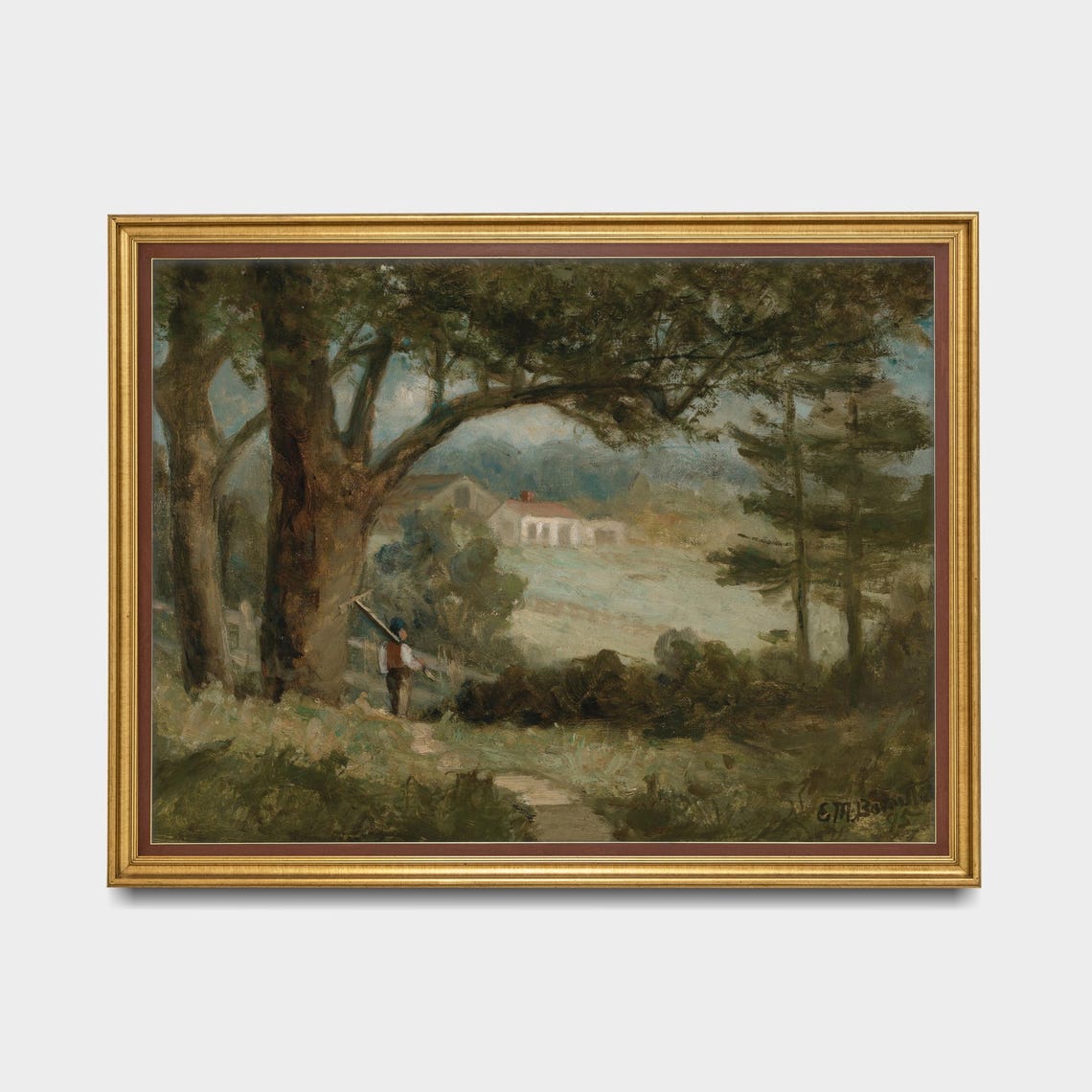 Farmer on Path to Farmhouse Through Tall Trees Vintage Poster - Image 5
