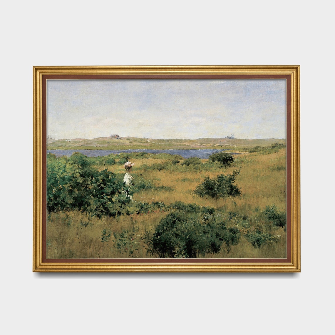 Vintage Woman Walking in Golden Meadow By The Lake Art Poster - Image 4