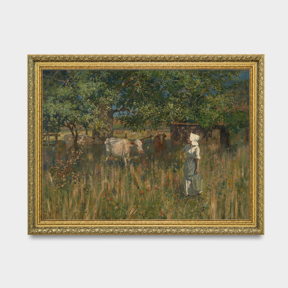 Vintage Milkmaid With Cows Painting Country Farm Meadow Wall Art - Image 2