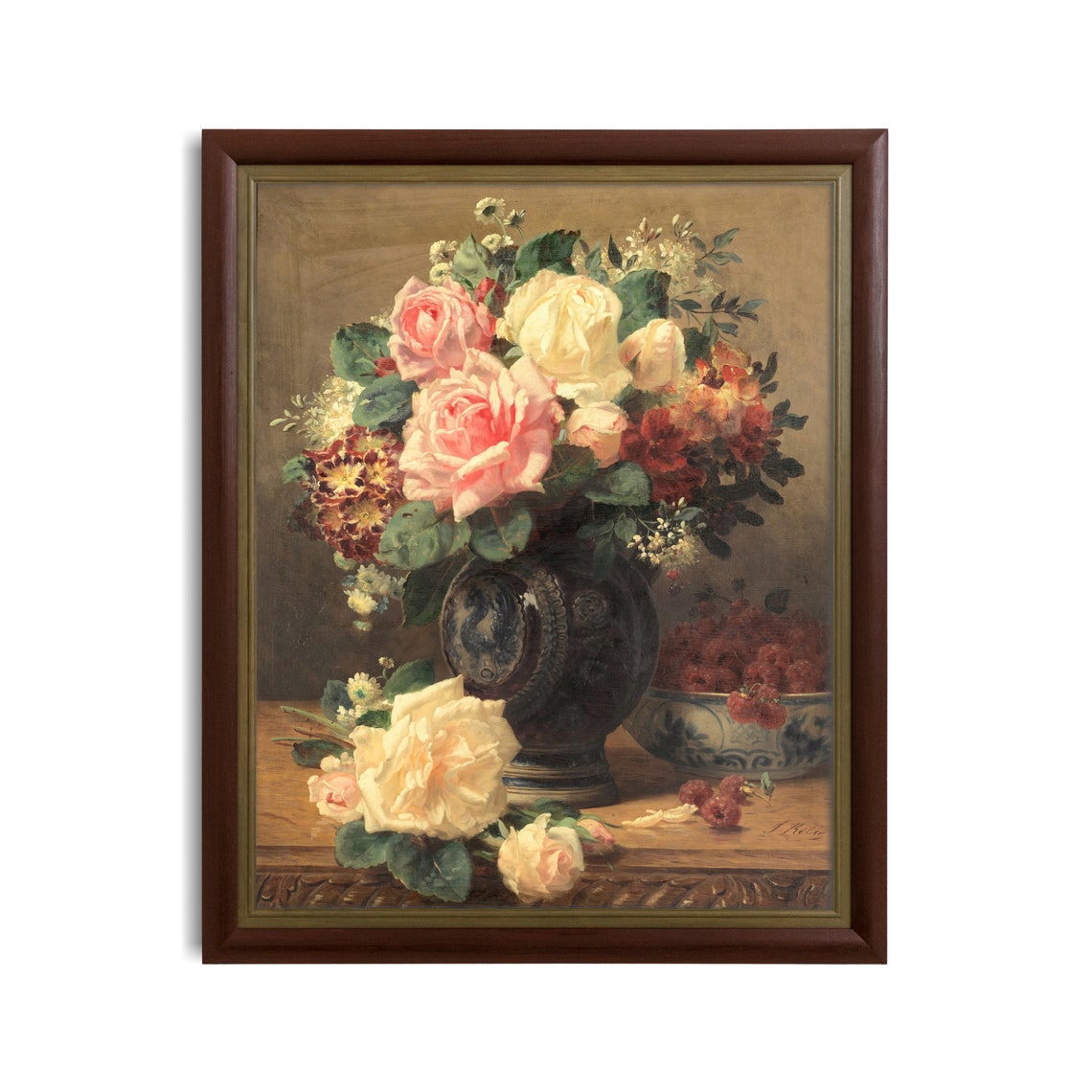 Roses and Raspberries Still Life Vintage Floral Oil Painting Poster - Image 2
