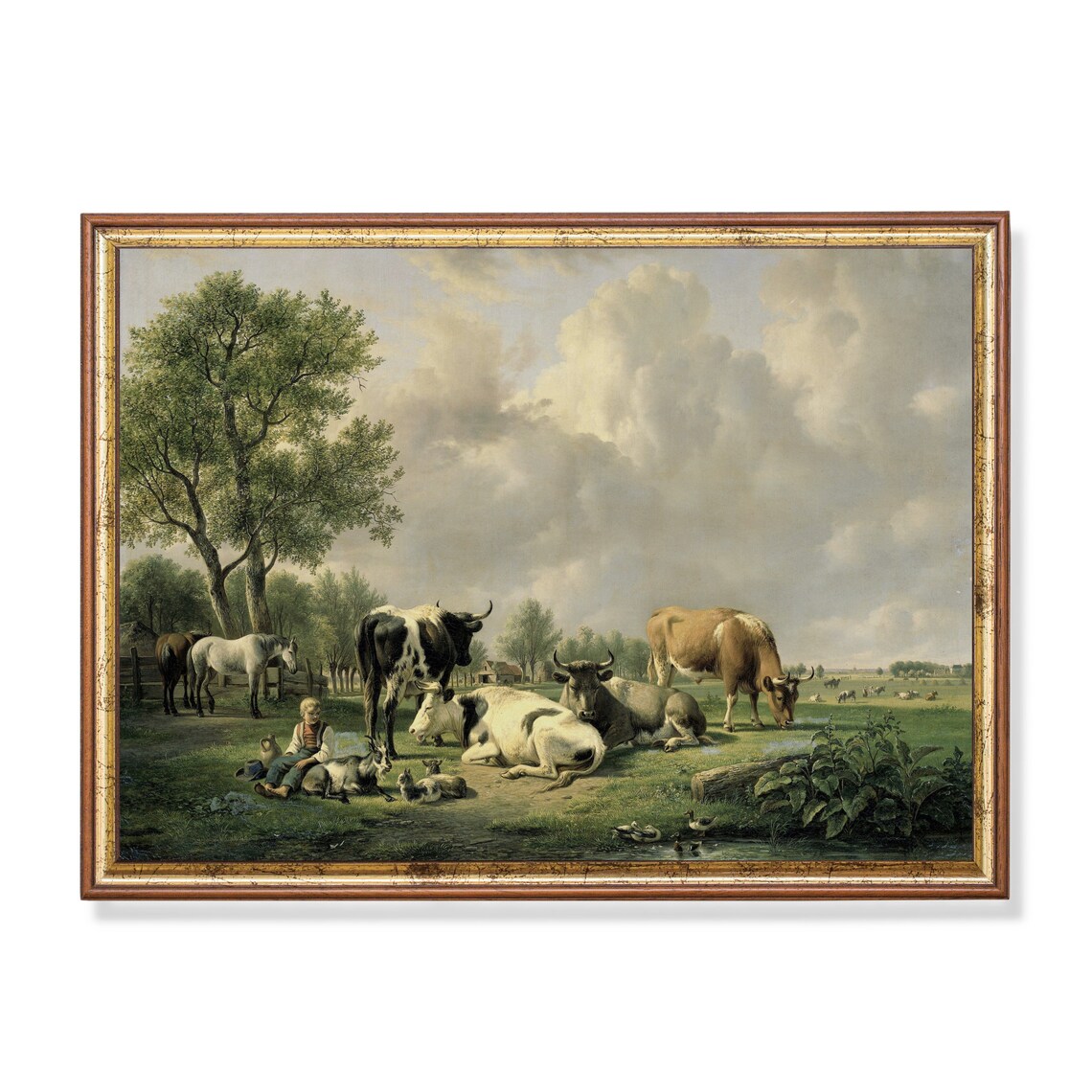 Animals in the Meadow Vintage Country Landscape Art Print