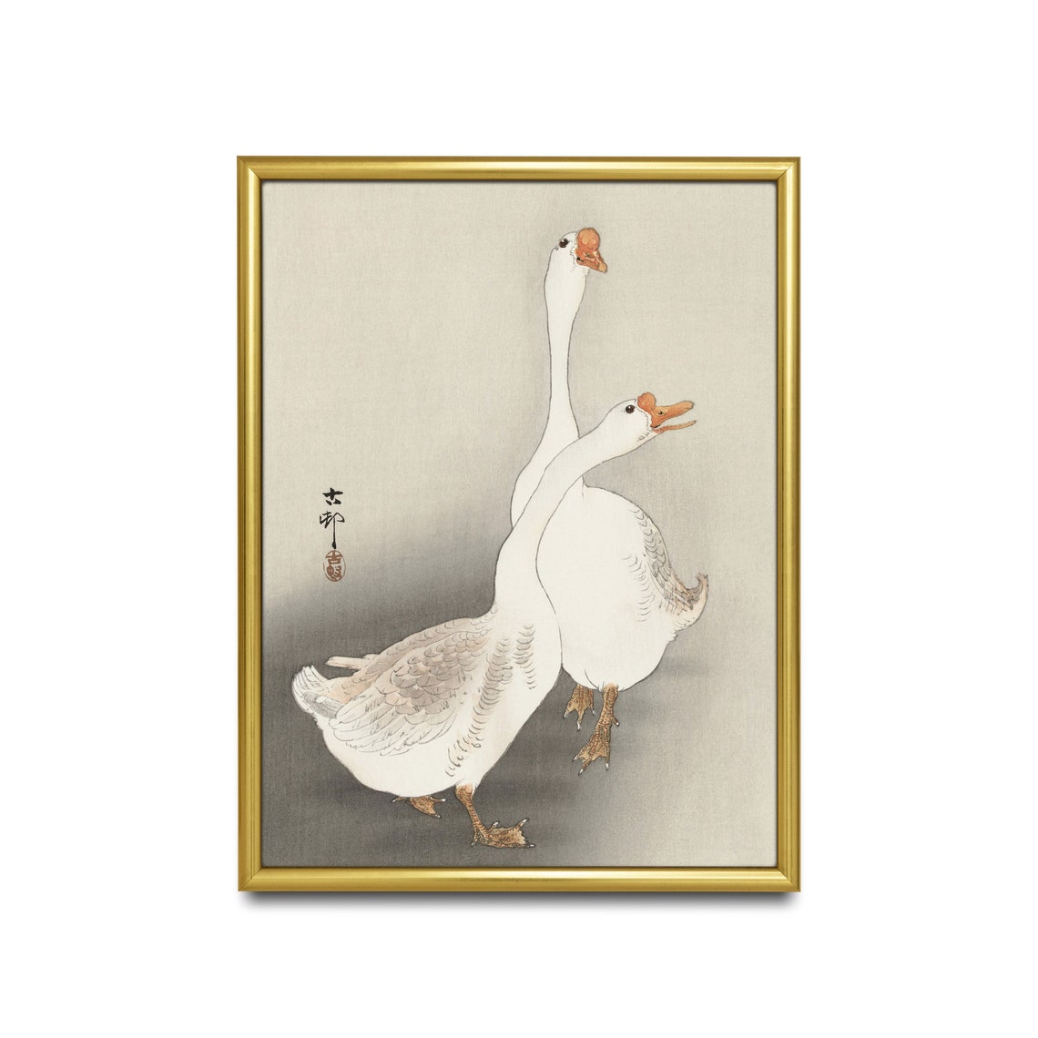 Two White Geese Japanese Woodblock Style Asian Bird Art Poster - Image 2