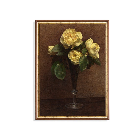 Mailed Print Vintage Still Life With Flowers Antique Floral Painting Yellow Roses Rustic Moody Print Fine Art Printed And Shipped