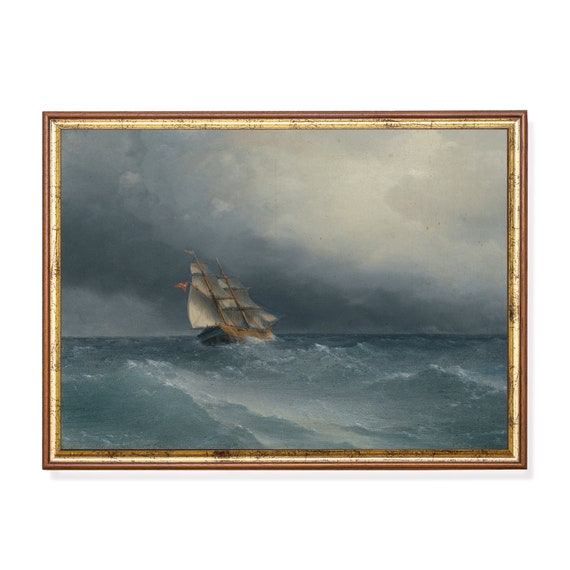 Printed And Shipped Sailboat Painting Moody Rustic Antique Print Seascape Vintage Wall Art Nautical Decor Physical Print