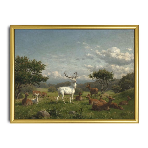 Vintage Deer Painting, Antique Rustic Art Print
