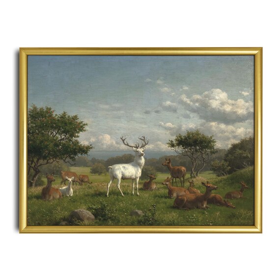 White Stag with Deer Herd in Sunlit Meadow Antique Wildlife Poster