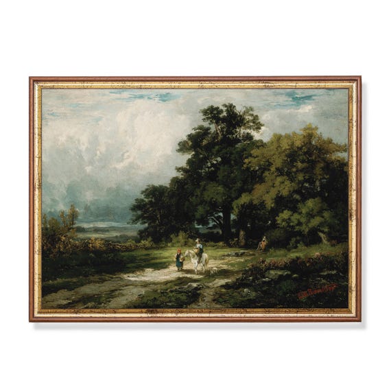 Printed And Shipped Landscape Painting Vintage Moody Rustic Art Antique Print Country Scenery Man On Horse With Woman And Dog