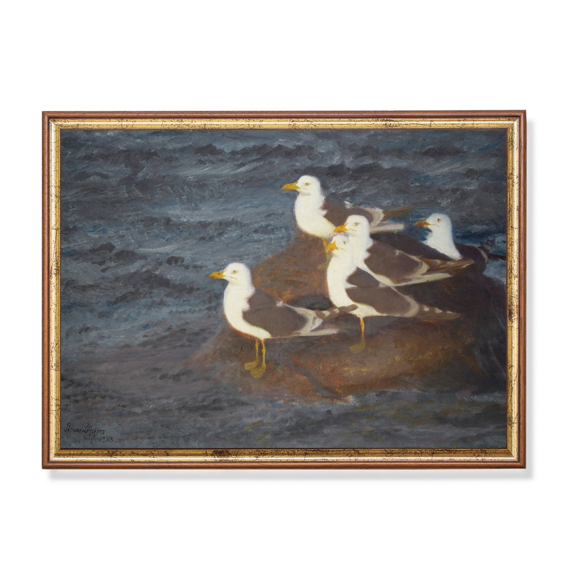 Seagulls Gathered on a Dark Rock by the Sea at Dusk Antique Poster