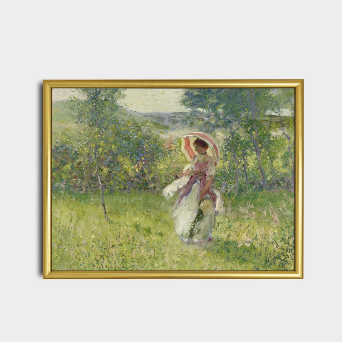 Woman with Red Parasol in Sunny Meadow Impressionist Painting Poster - Image 2