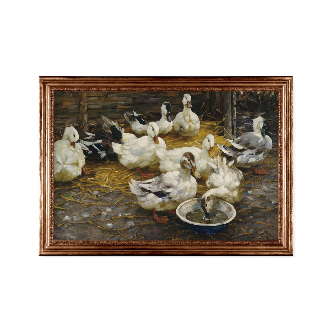 White Ducks Around a Water Bowl Signed A. Koester Farm Poster - Image 2