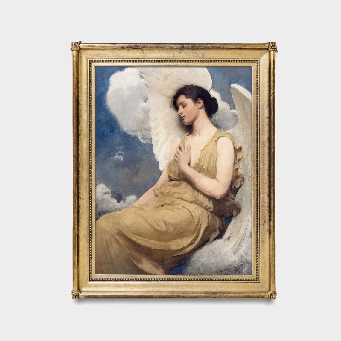 Dreaming Angel Resting on Clouds in Golden Gown Angelic Art Poster - Image 3