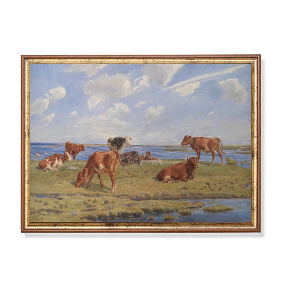 Mailed Print Vintage Landscape Painting Country Decor Antique Moody Print Meadow Landscape Cows At The Beach Printed And Shipped