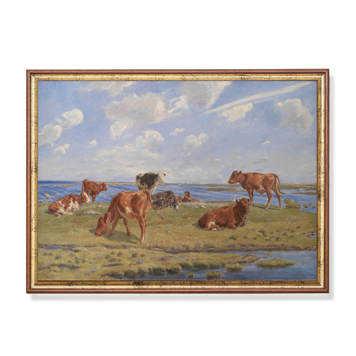 Cows Grazing By The Water Shore Vintage Pastoral Painting Poster