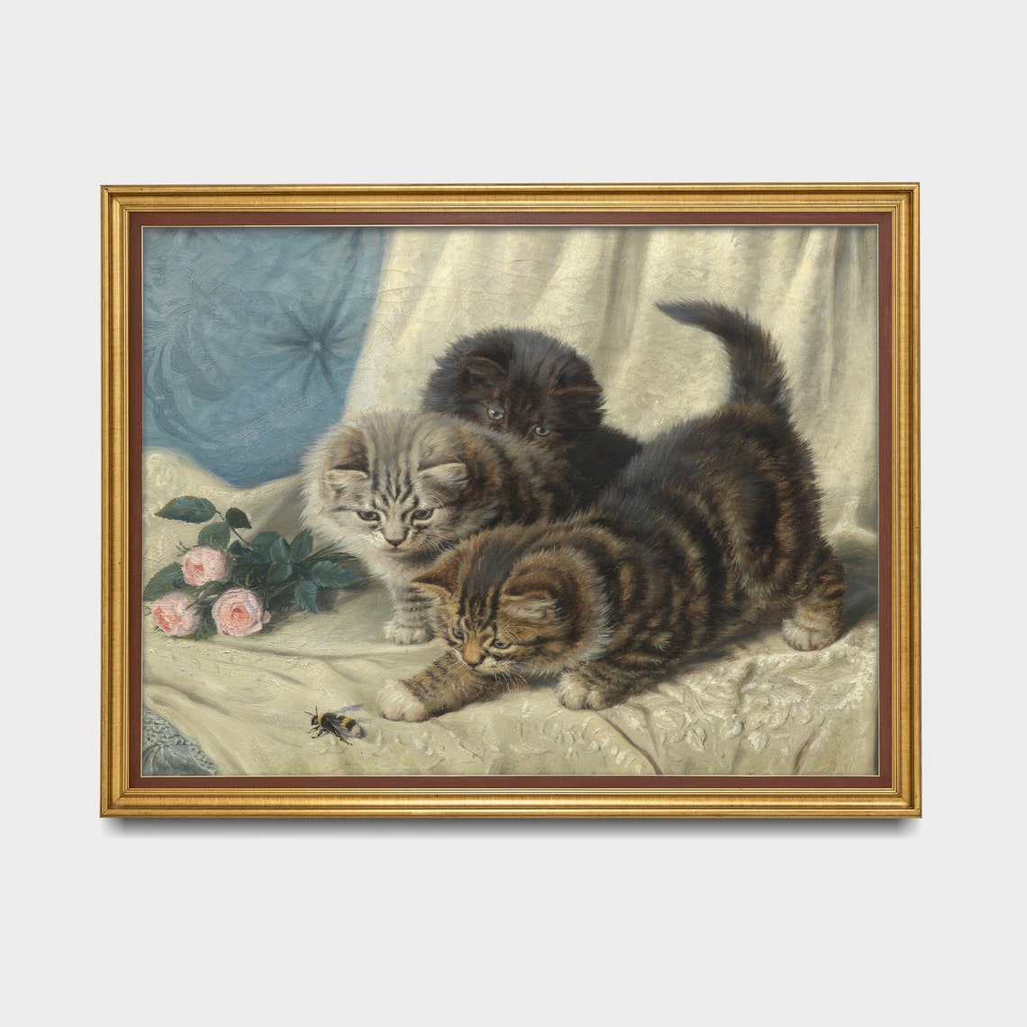 Three Fluffy Kittens Watching a Bee Among Pink Roses Animal Poster - Image 3