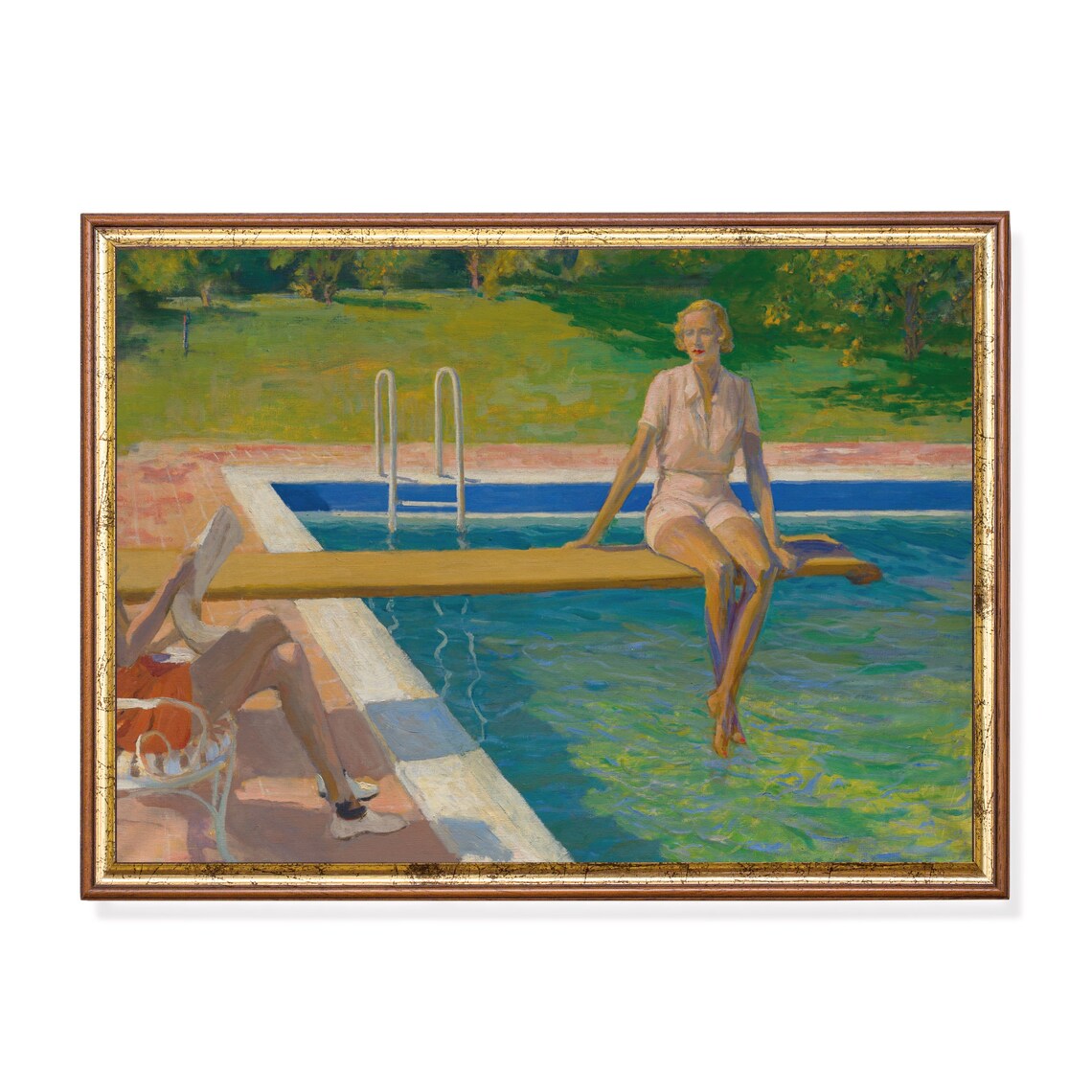 Vintage Painting Woman At Swimming Pool, Rustic Art Print