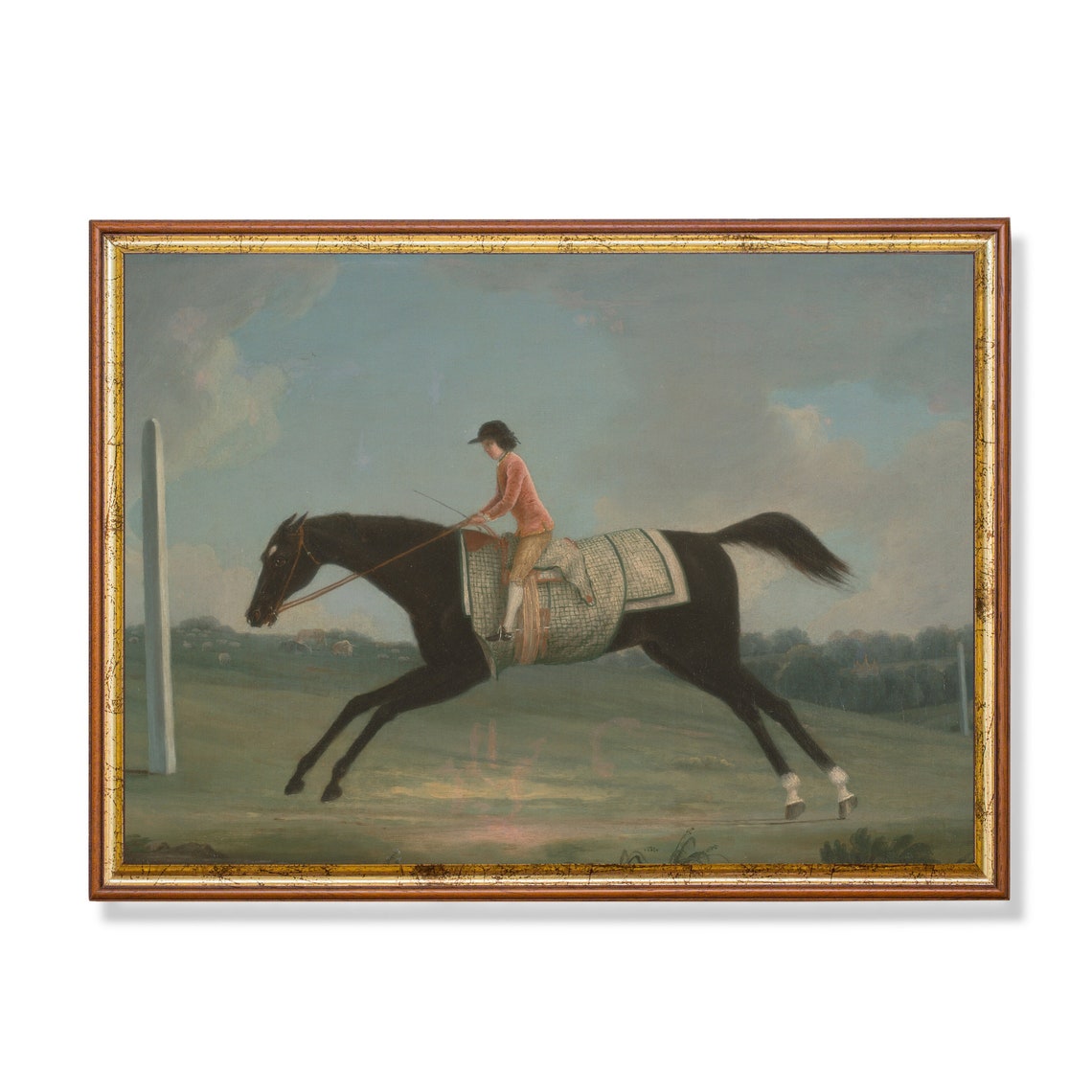 Antique Boy Jockey Galloping a Black Racehorse Racing Art Poster