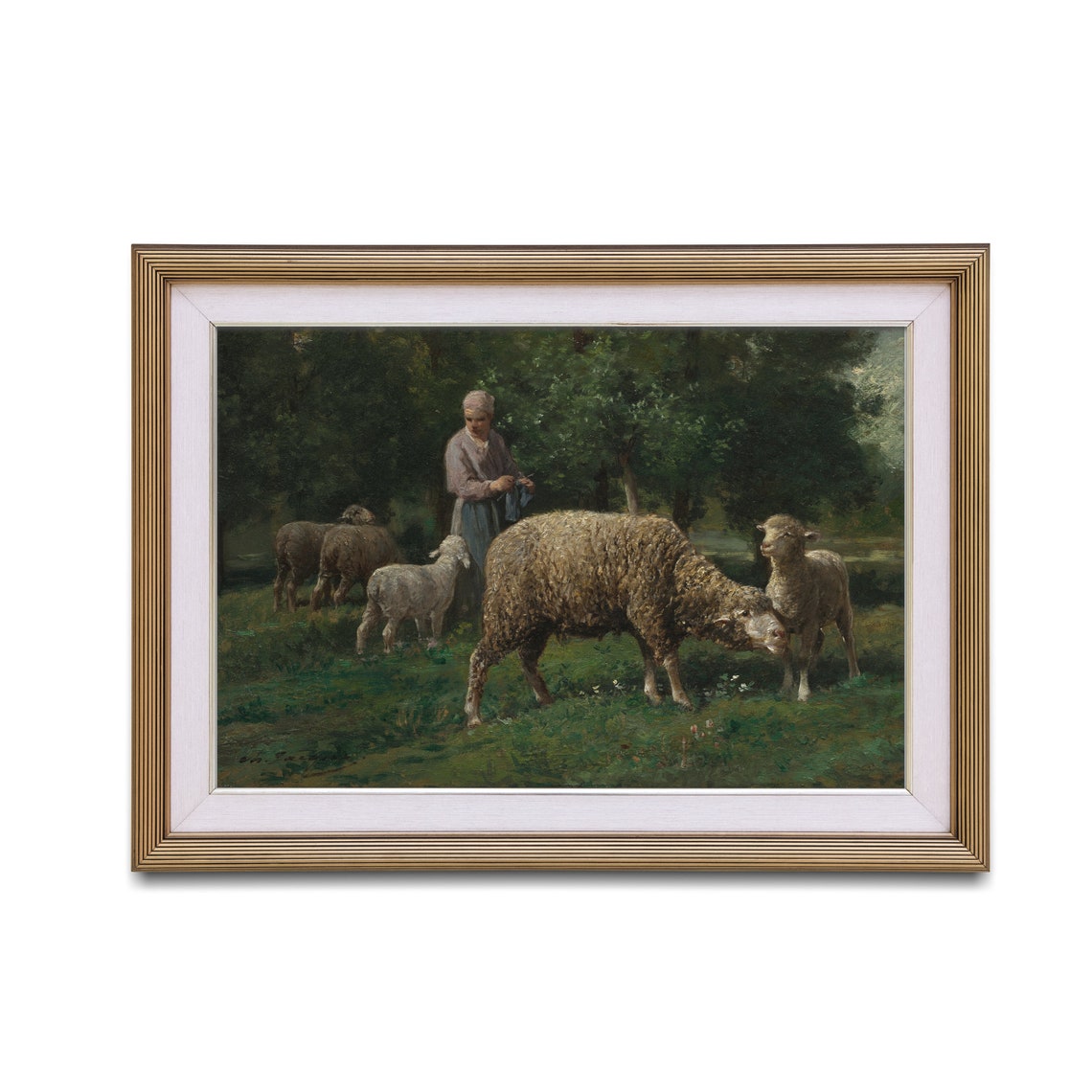 Shepherdess With Sheep Grazing In Green Pasture Vintage Art Poster - Image 2