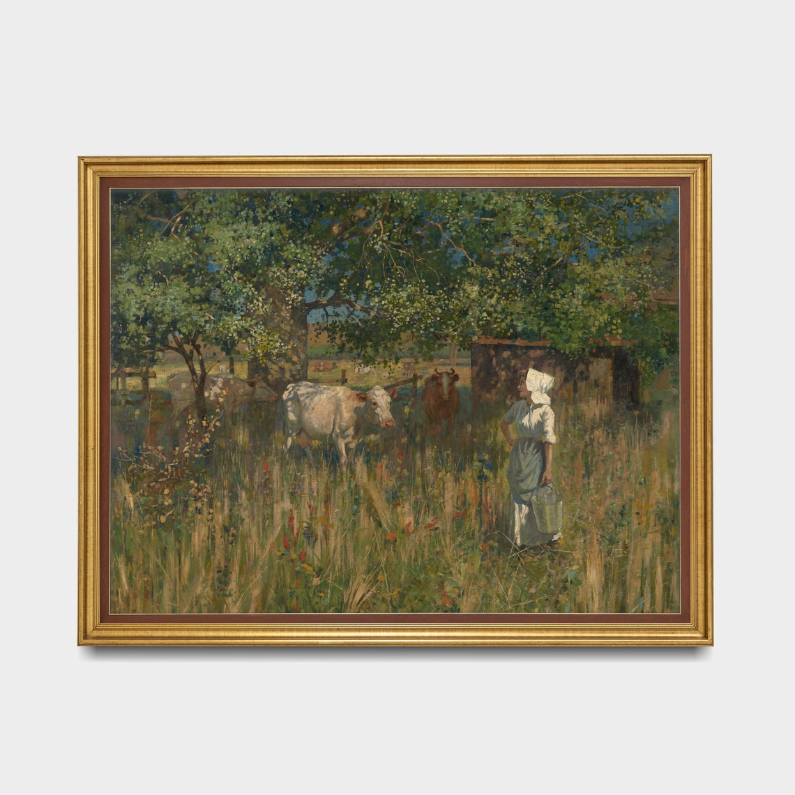 Vintage Milkmaid With Cows Painting Country Farm Meadow Wall Art - Image 4