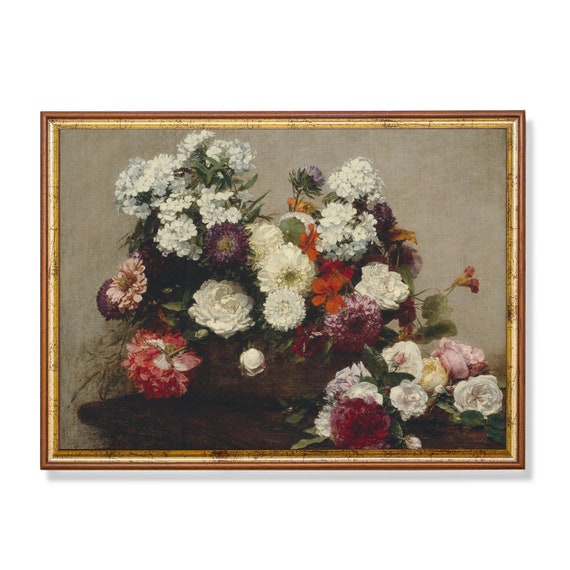 Vintage Still Life With Flowers Antique Floral Painting Moody Rustic Fine Art Wall Art Farmhouse Decor