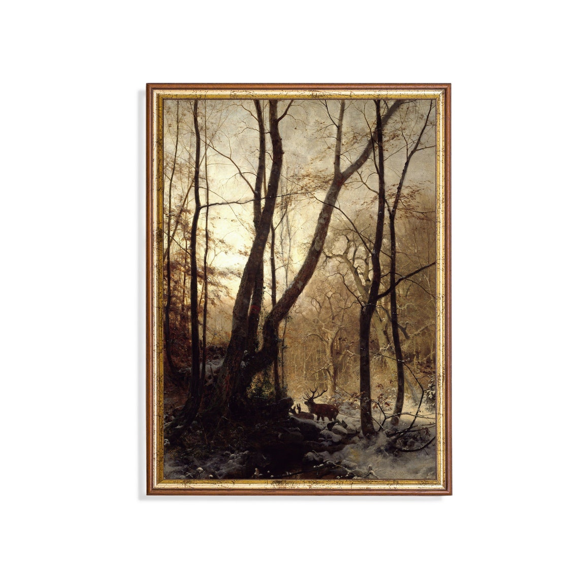 Deer Among Dark Trees in Winter Vintage Woodland Painting Poster