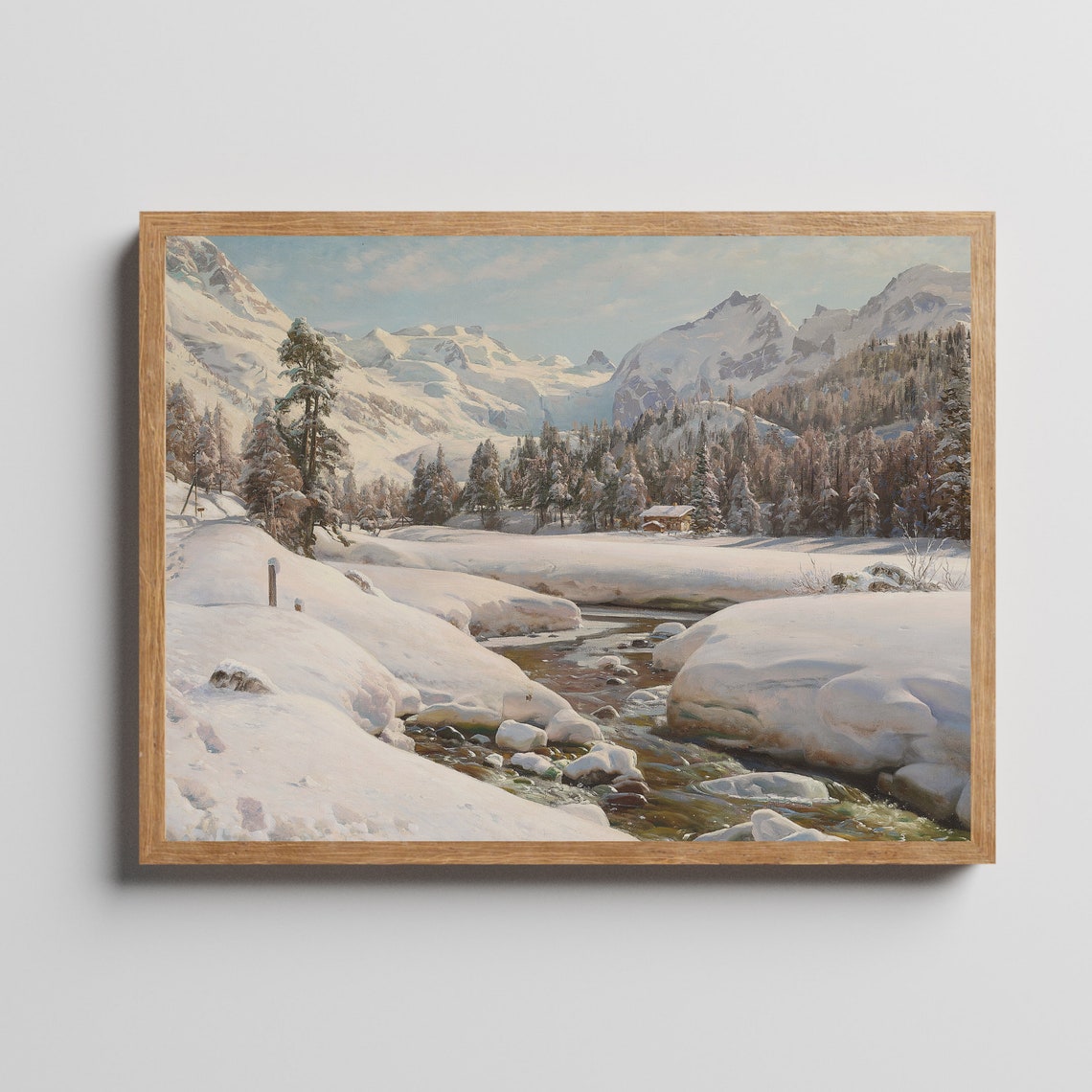 Snowy Alpine Valley with Mountain Stream Winter Landscape Poster - Image 2
