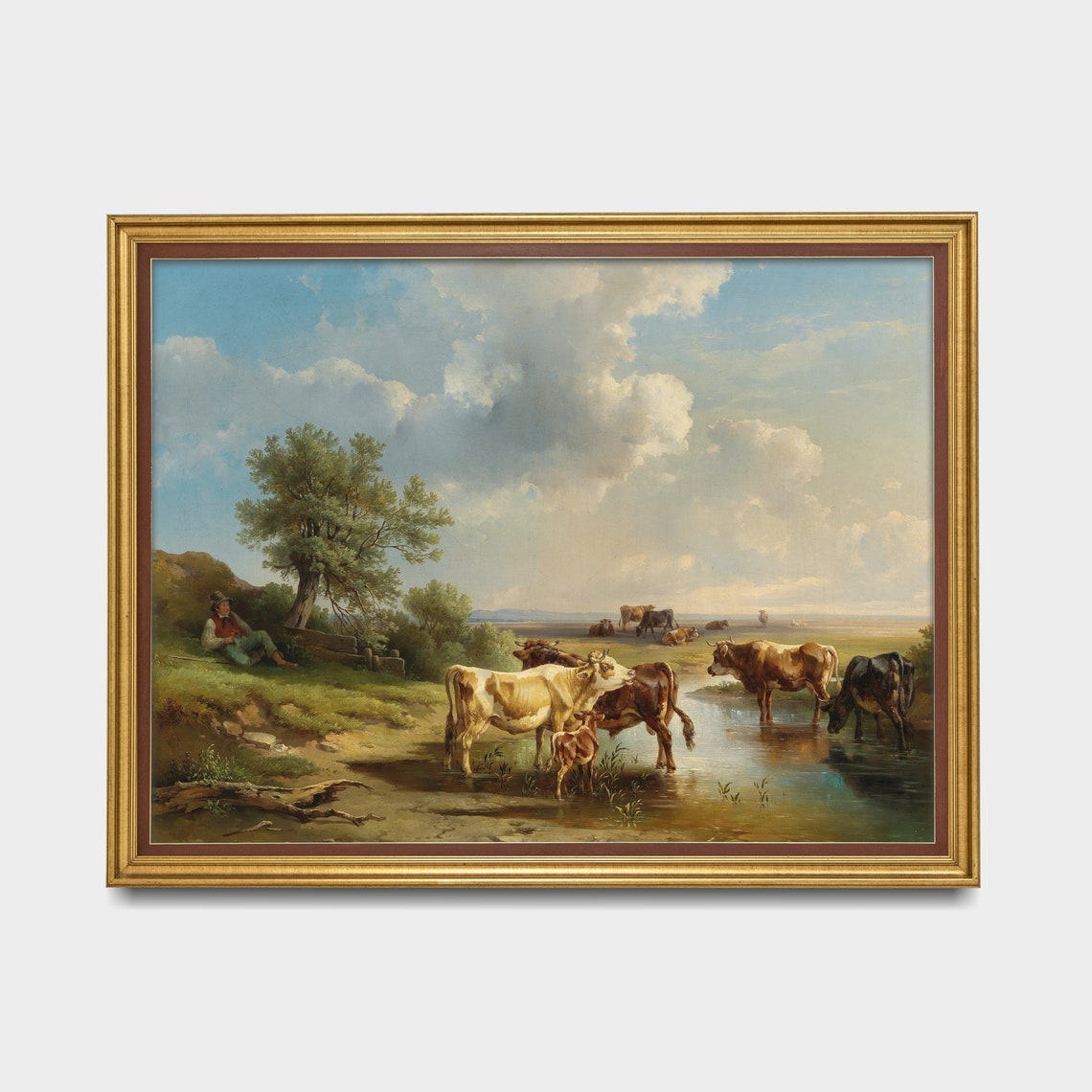 Cows Watering at a River Pastoral Scene Vintage Farm Painting Poster - Image 3