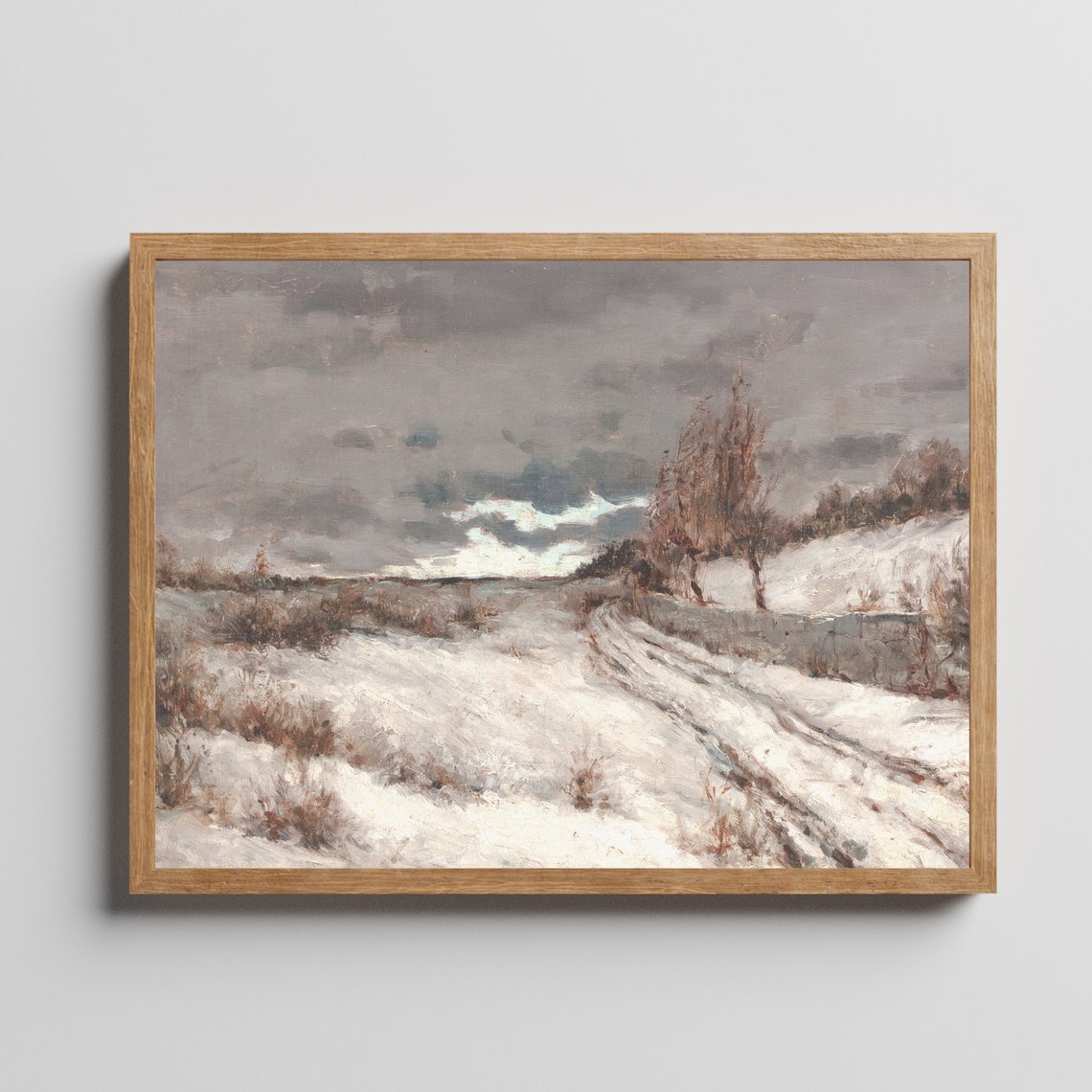 Snowy Country Road Under Dark Brooding Overcast Sky Winter Poster - Image 2
