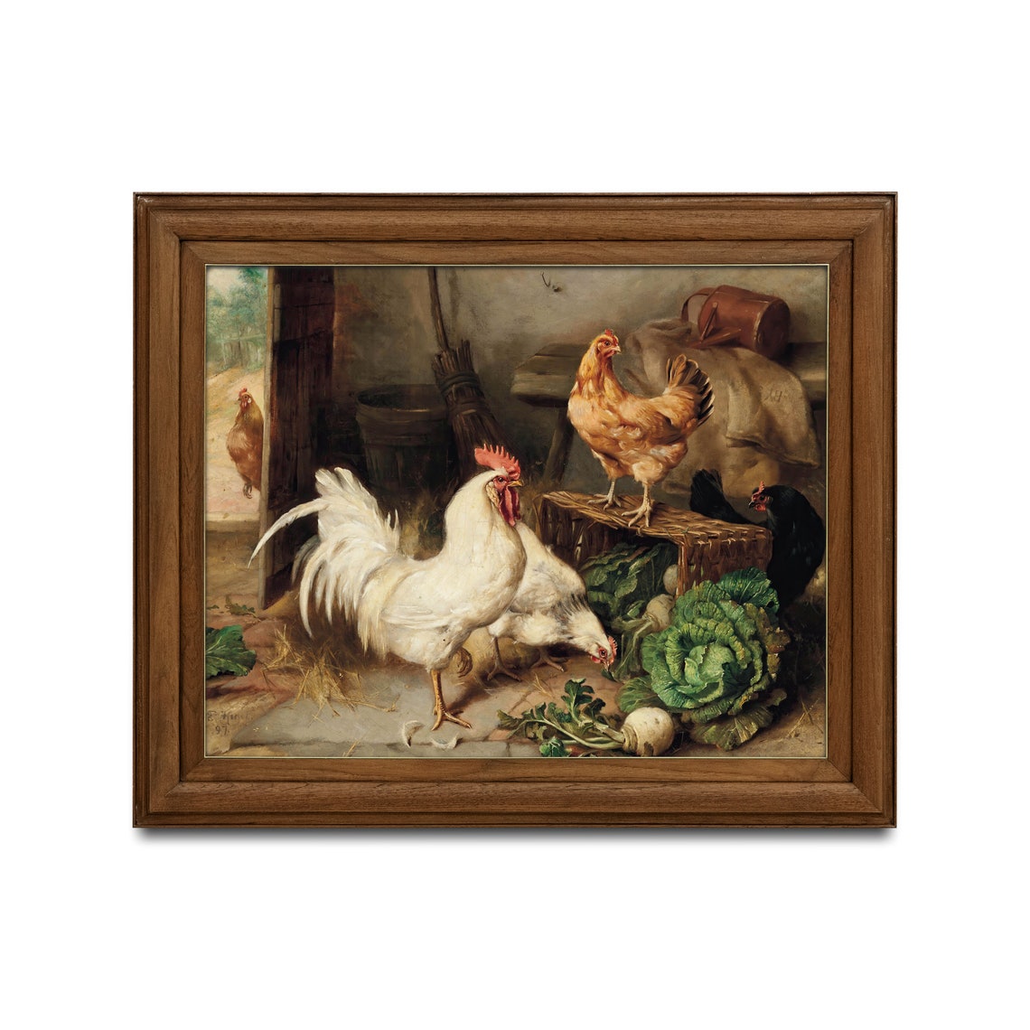 Rooster And Hens In Barnyard Vintage Farm Chicken Painting Poster - Image 2