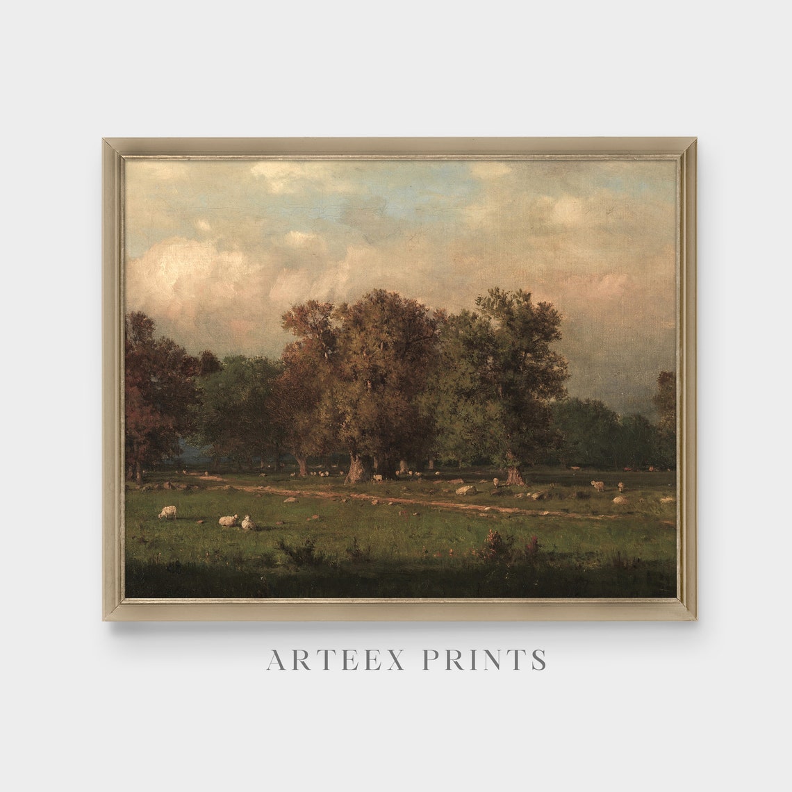 Sheep Grazing Under Sunset Clouds Vintage Pastoral Landscape Poster - Image 5