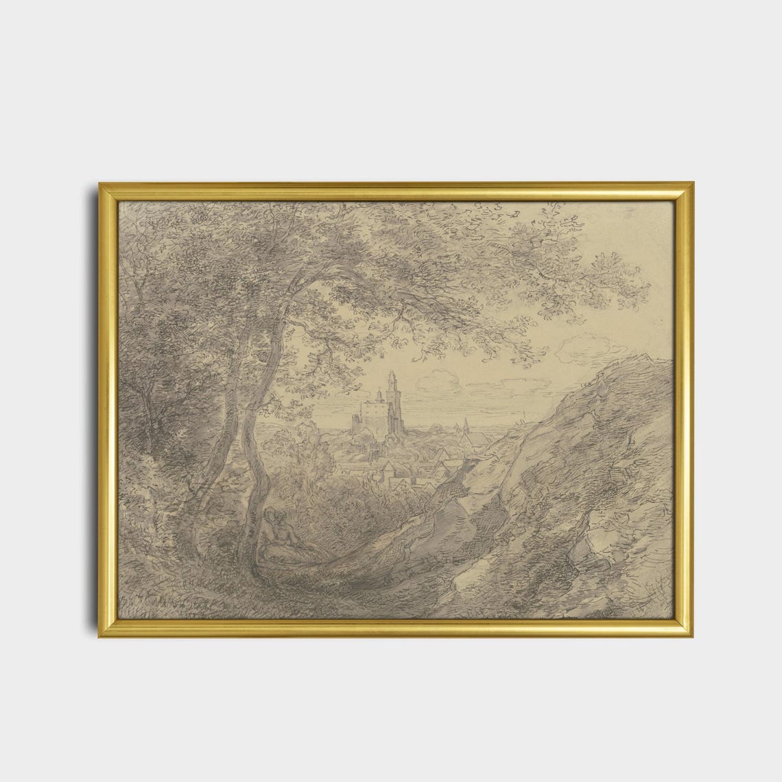 Hillside View Of An Old Town Through Trees Vintage Sketch Poster - Image 2