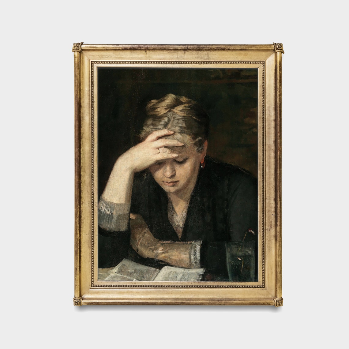 Pensive Woman Leaning Over Book Vintage Emotional Portrait Poster - Image 2
