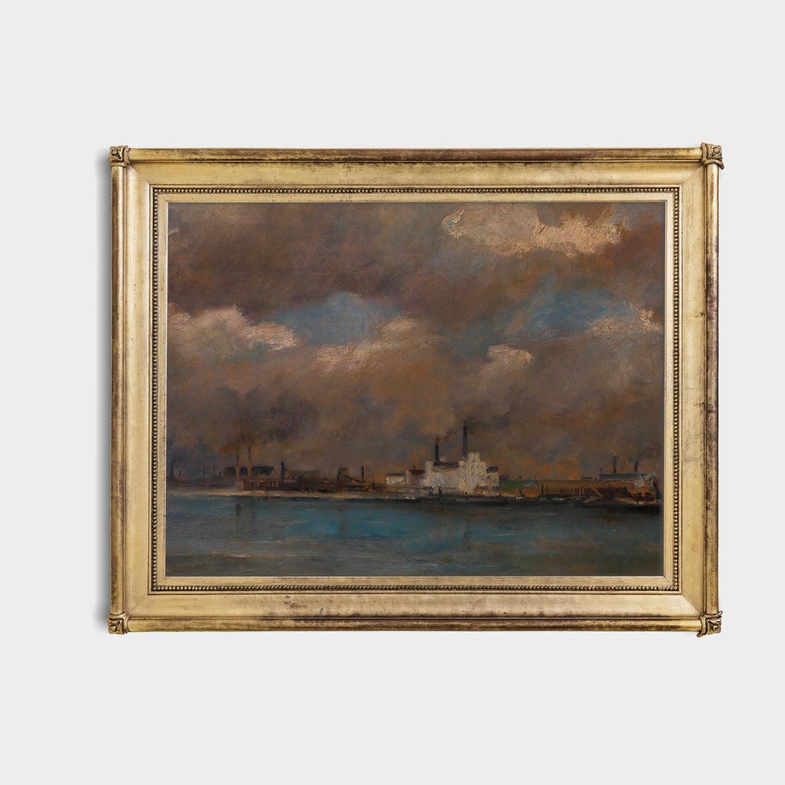Antique Industrial Harbor Under Heavy Storm Clouds Painting Poster - Image 4